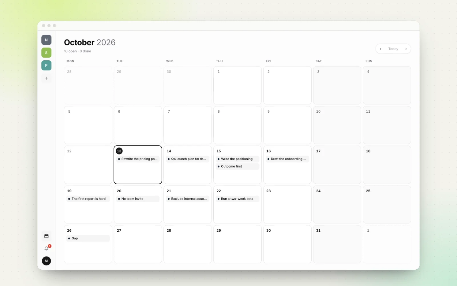 A Workbranch month calendar for October 2026 with chats and individual answer points placed on their due dates.