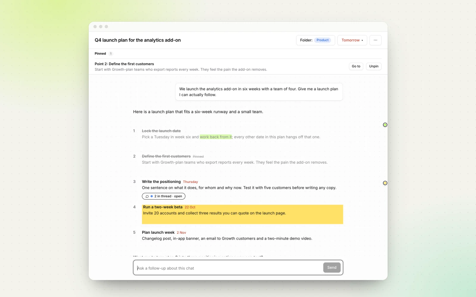A Workbranch chat with the user's question at the top, a pinned point bar below it, and the AI answer laid out as a numbered checklist with two of five points ticked off and a progress bar reading “2/5 points done”.