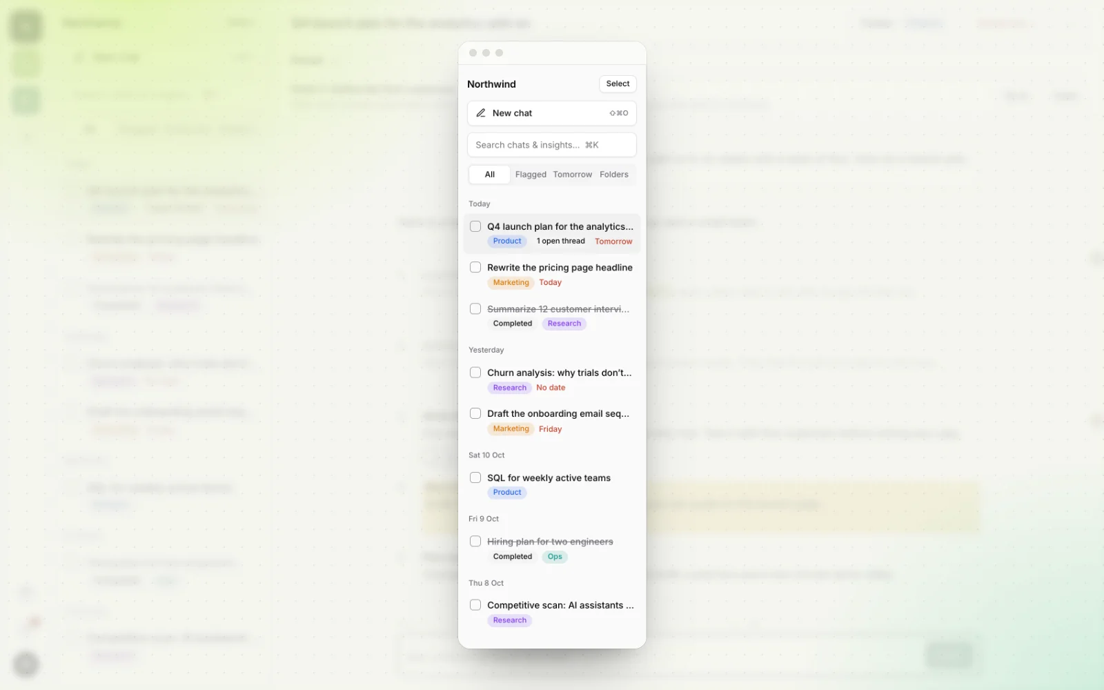 Workbranch chat list with a search box and All, Flagged, Tomorrow and Folders tabs. Chats are grouped under Today, Yesterday and earlier dates, each with a colored folder tag such as Product, Marketing, Research or Ops, due labels like Today and Tomorrow, a “1 open thread” label, and completed chats struck through.