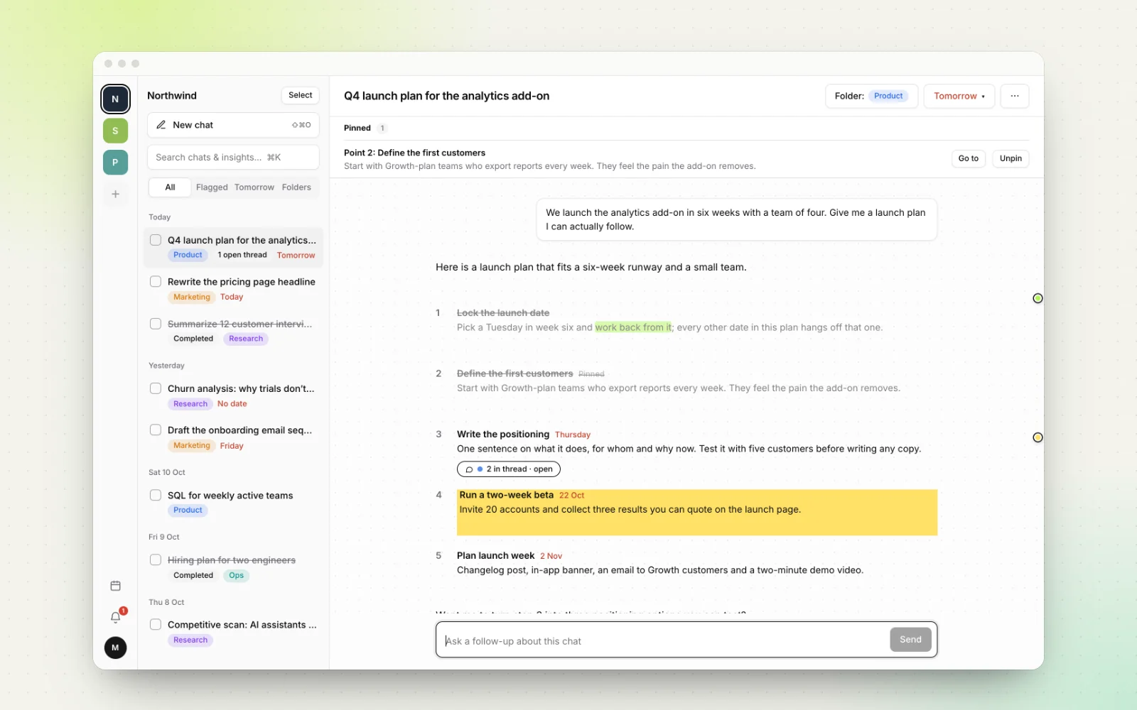 The Workbranch workspace: a project switcher on the left, a chat list grouped by Today and Yesterday with colored folder tags, due labels and struck-through completed chats, and the chat “Q4 launch plan for the analytics add-on” with its AI answer split into five numbered points, two ticked off.