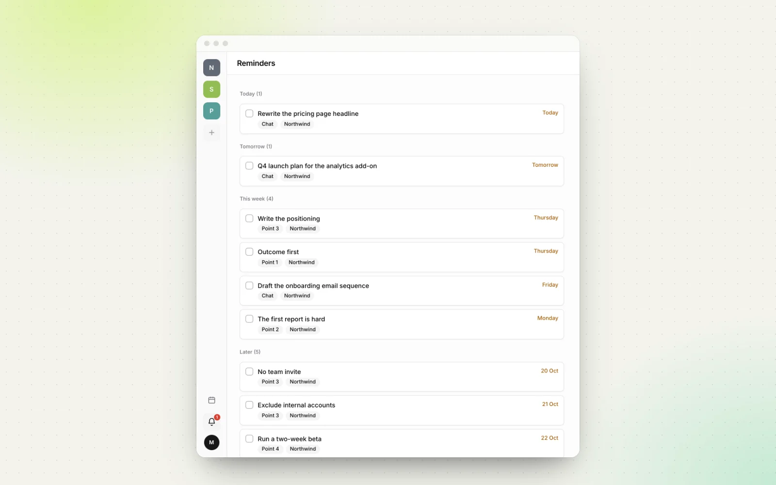 Workbranch Reminders page listing due chats and individual points under Today, Tomorrow, This week and Later, each tagged with its point number and project.