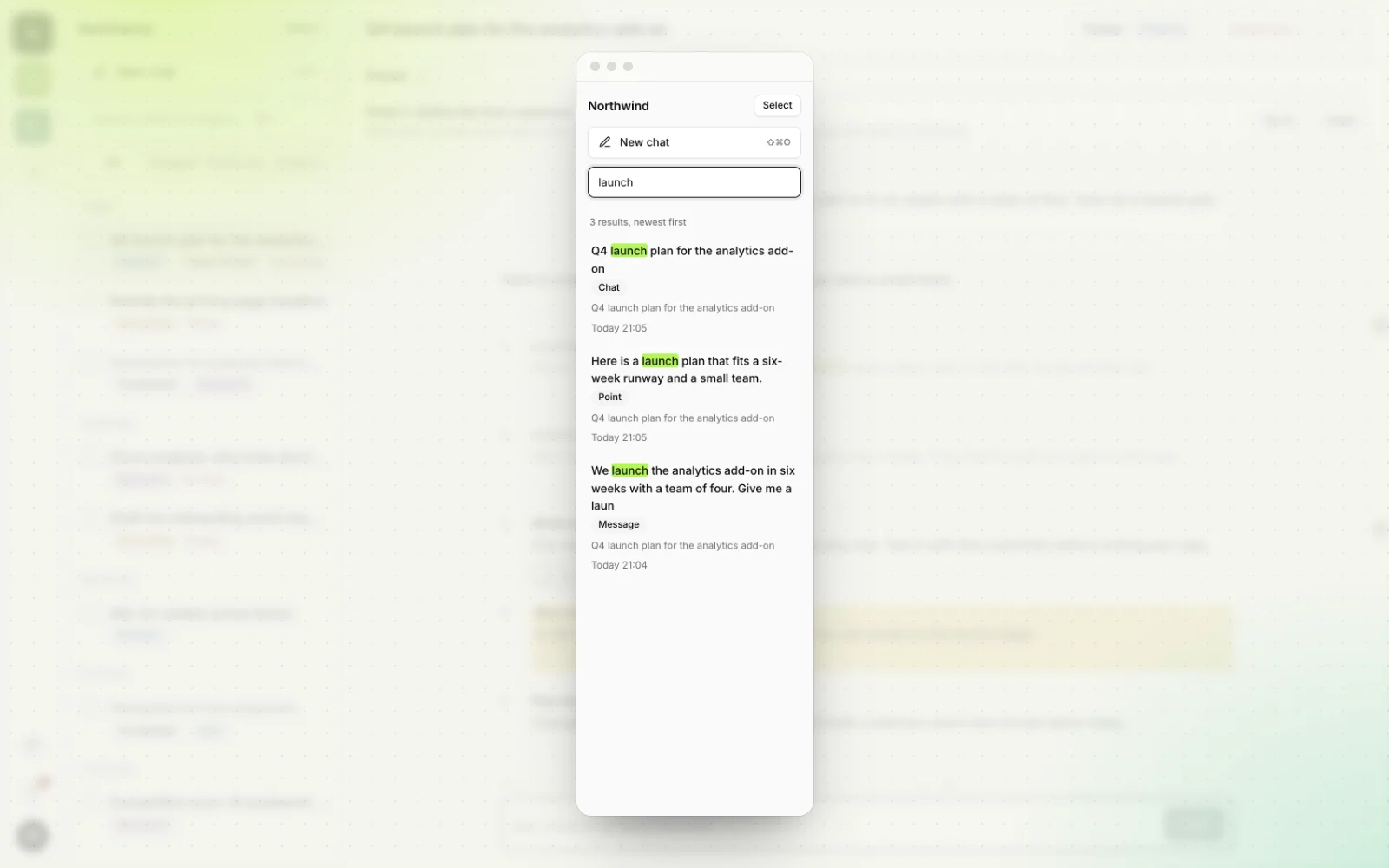Workbranch search with the word launch typed in the search box, showing 3 results, newest first: the chat Q4 launch plan for the analytics add-on, a point from its AI answer, and the user's original message. Each result has launch highlighted in green and a label reading Chat, Point or Message.