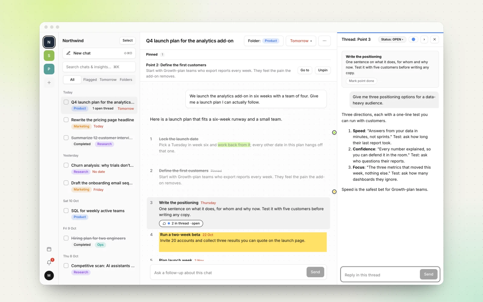 Workbranch with a side thread open on point 3, “Write the positioning”. The thread shows the follow-up “Give me three positioning options for a data-heavy audience” and the AI's three options, while the main chat with the numbered answer stays visible beside it.